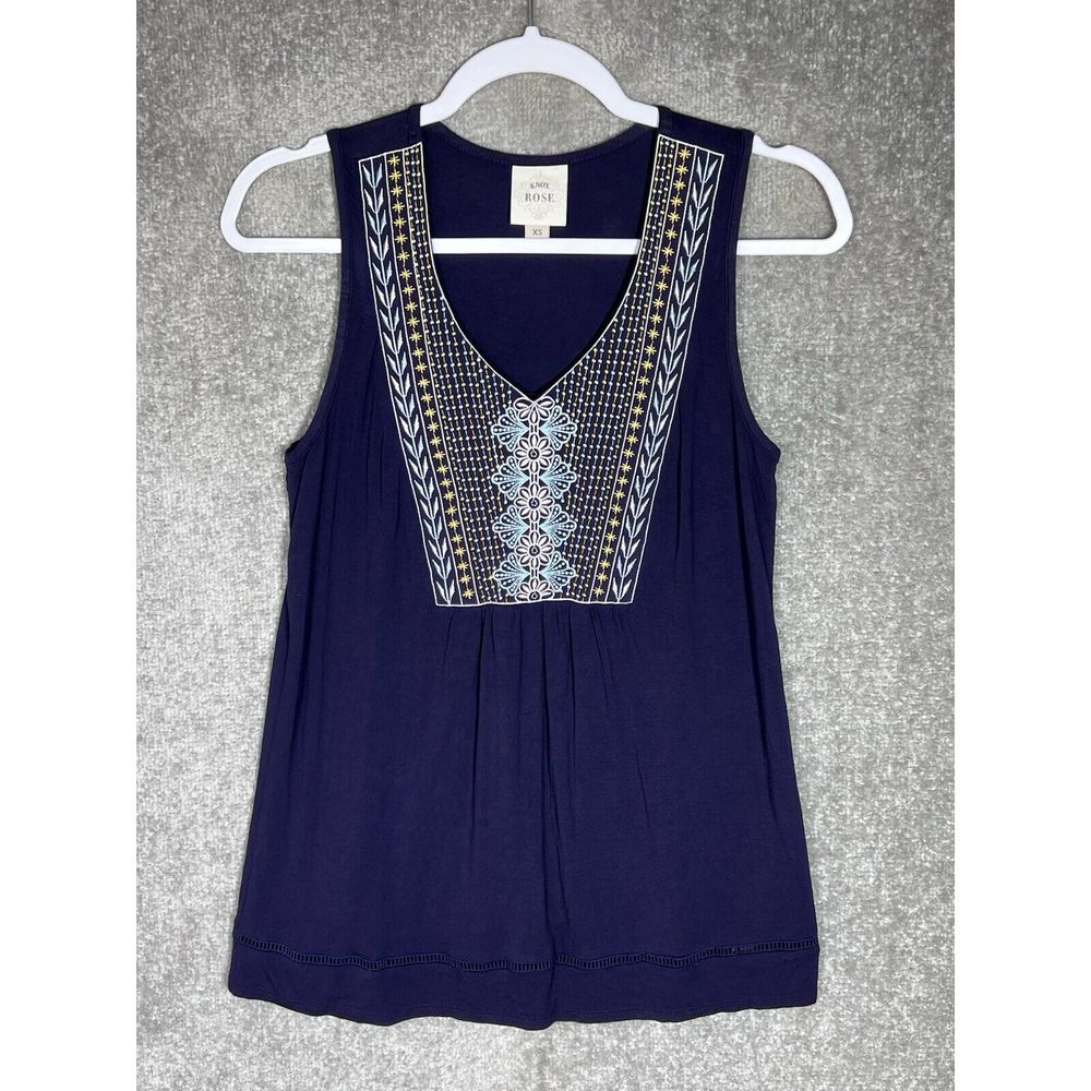 Knox Rose Tank Top Womens Size XS Blue Embroidered Stretch V-Neck Rayon‎ Spandex